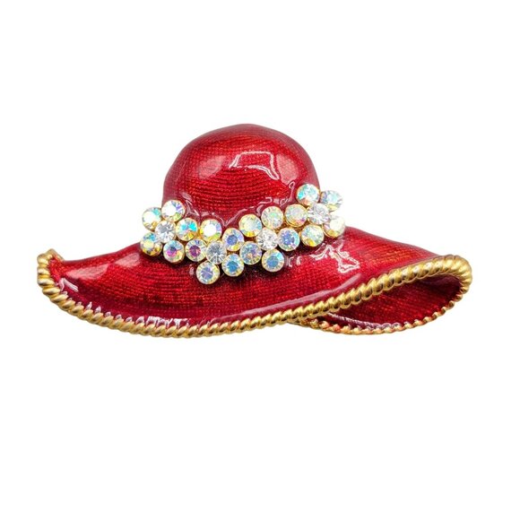 Red Floppy Hat Brooch Pendant Combo Enamel Rhinestones Gold Braid Trim - Picture 1 of 6